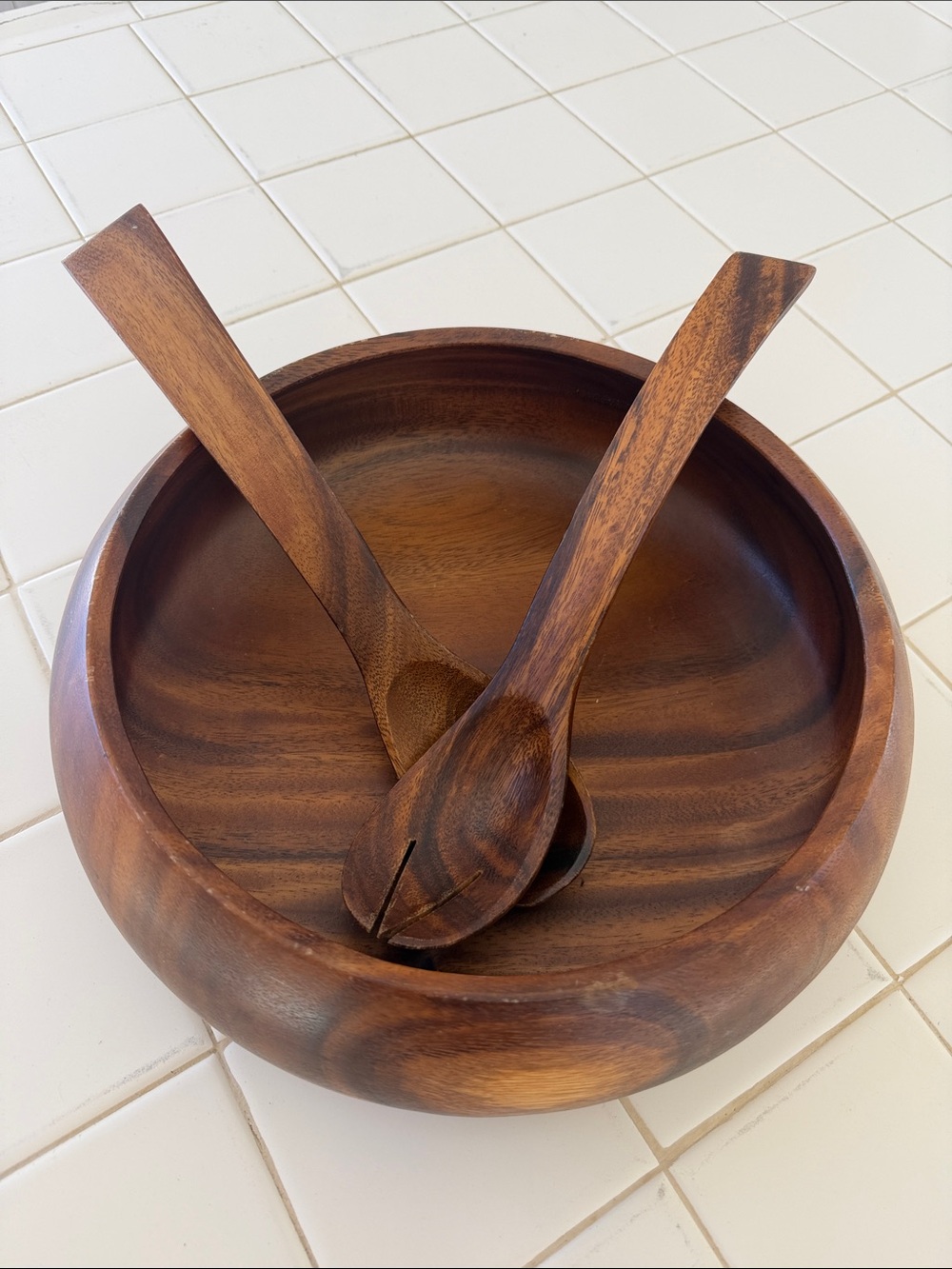Wooden Salad Bowl with Serving Utensils - Brown